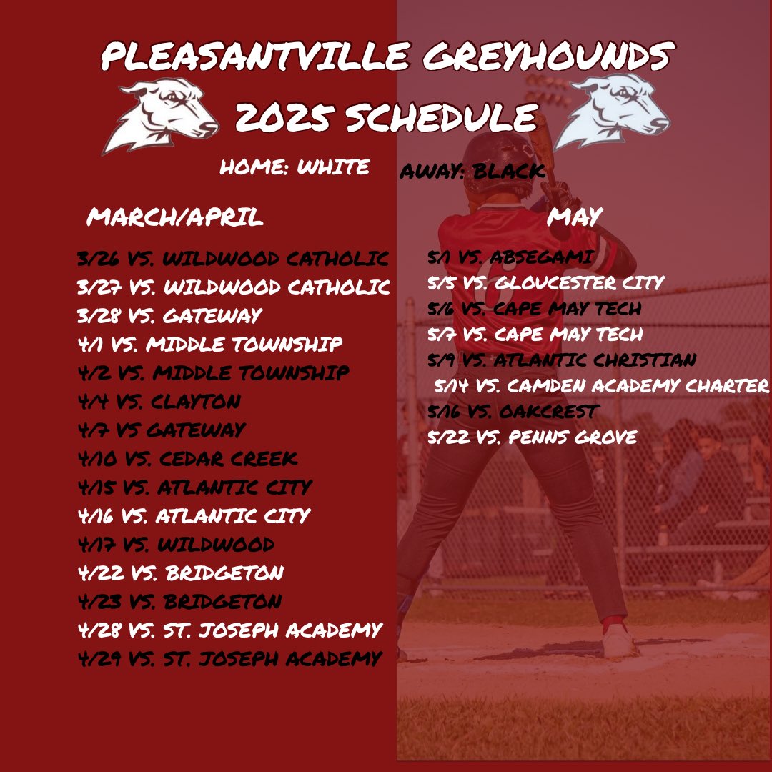 _PVilleBaseball's tweet photo. Here is our 2025 schedule! ⚾️🐾 Please come out and support your Pleasantville Greyhounds! ⚾️🐾 #TheVille https://t.co/dCael9SWa2