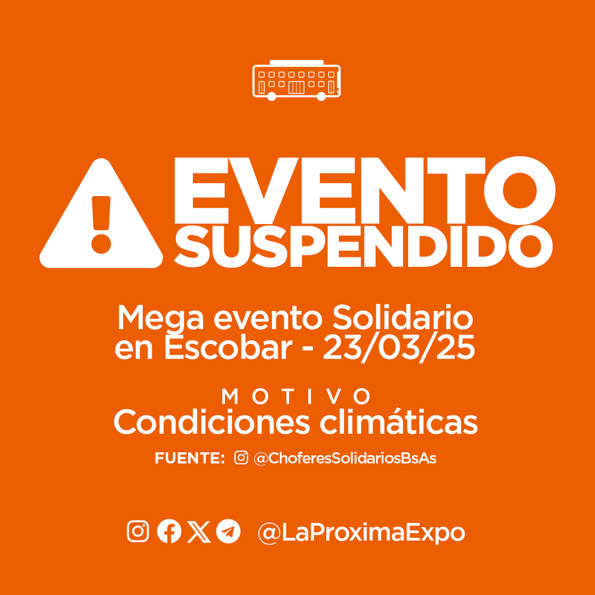 [EVENTO SUSPENDIDO POR CONDICIONES CLIMÁTICAS]
El evento Mega evento Solidario a realizarse el domingo 23/03/25 en Escobar fue suspendido por malas condiciones climáticas.

Se estableció una fecha de reprogramación para el domingo 06/04/25.