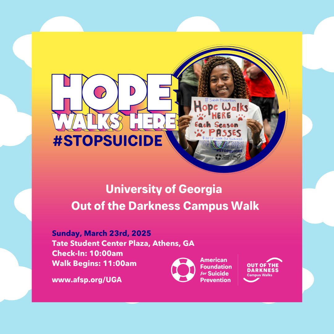 UGAHealthCenter's tweet image. Join us today at @ugatate at 10am! We would love to see the university community show support by making a team and fundraising, donating to a team, joining the walk, or simply taking one step to #StopSuicide.