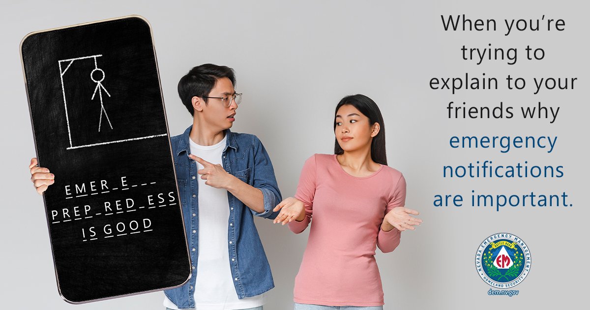 NVEmergencyMgmt's tweet image. Don’t play hangman with emergency updates! Sign up for notifications to stay informed about severe weather, evacuations, and other emergencies. Learn more at dem.nv.gov. #EmergencyNotifications #StaySafe #Nevada