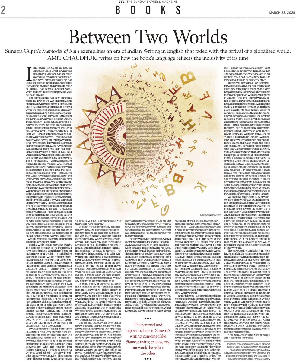 The Literary Activism imprint (from the CCC, Ashoka University, and Westland Books) is reissuing, 33 years after it first appeared, Sunetra Gupta’s novel Memories of Rain. Here’s Amit Chaudhuri’s introduction (free to read if you register): indianexpress.com/article/expres…