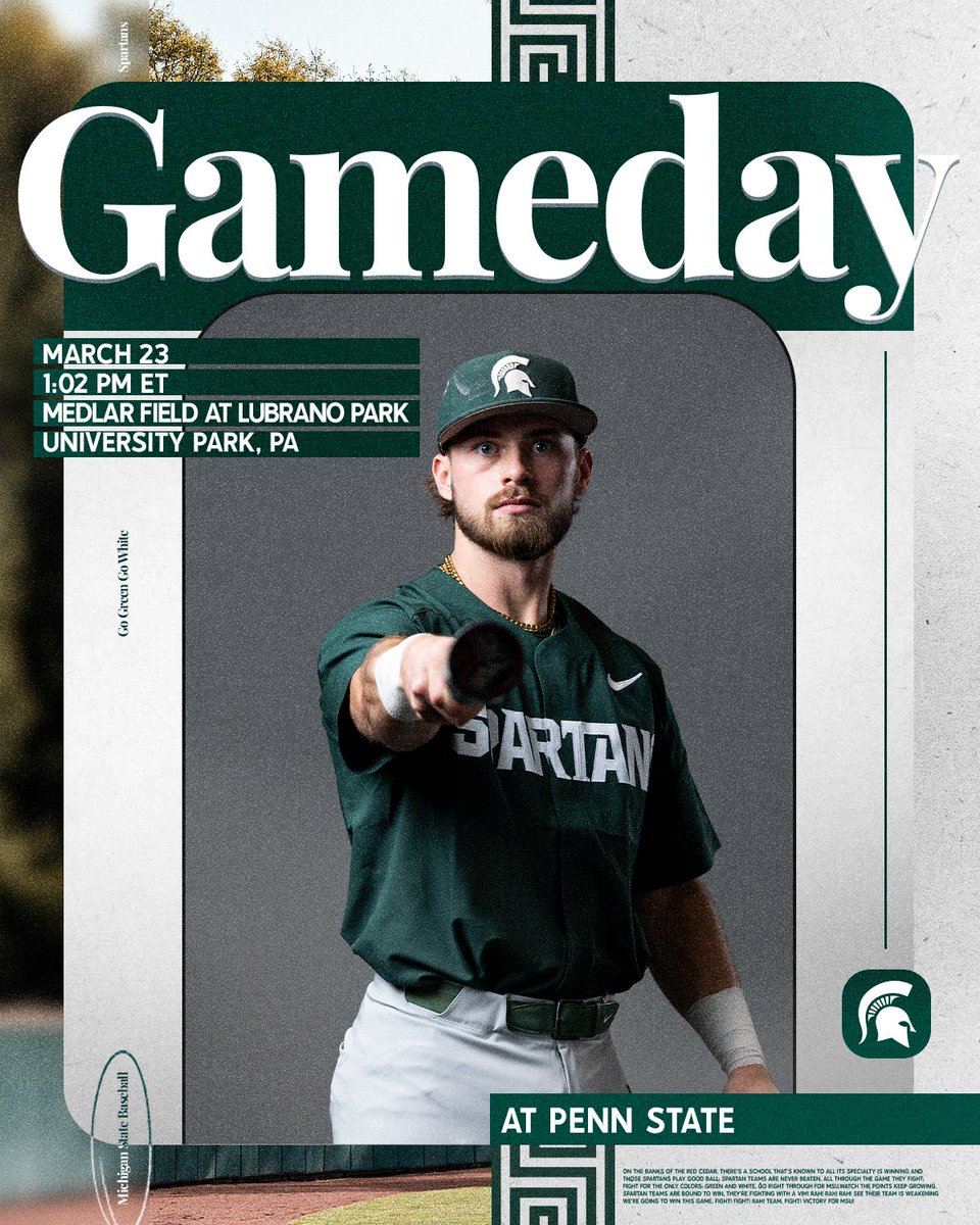 It's a Sunday Spartan Gameday!

Caleb Berry and the Spartans wrap up their 3-game <a href="/B1Gbaseball/">Big Ten Baseball</a> weekend series at Penn State today!

🆚Penn State
📍University Park, PA
🕠1 pm
💻(BTN+) sprtns.co/3XRGGsw
🔢sprtns.co/4kWqSOW

#GoGreen | <a href="/BerryHalls87/">Berry</a>