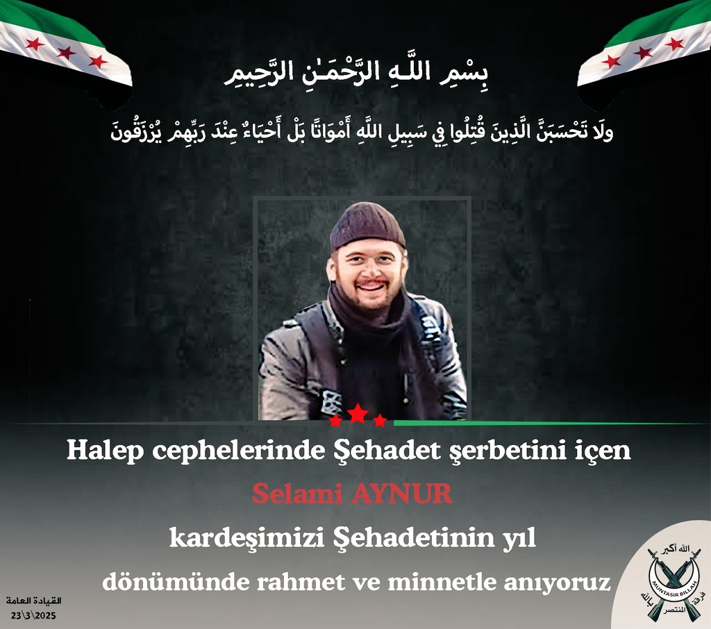 فرقة #المنتصر_بالله
ذكرى #شهيد
Halep cephelerinde Şehadet şerbetini içen 
Selami AYNUR kardeşimizi Şehadetinin yıl dönümünde rahmet ve minnetle anıyoruz
لمتابعتنا :
فيس بوك :
facebook.com/Muntas%C4%B1r-…
تلغرام :
t.me/MuntasrBillahTR
يوتيوب : 
youtube.com/channel/UCczuj…