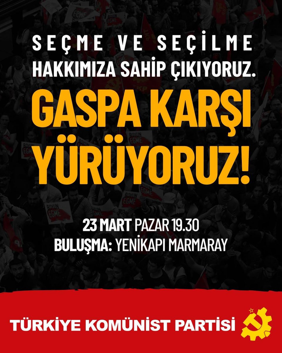istanbul_tkp's tweet photo. İstanbul'dan bir kez daha haykıracağız: Bu halk sana boyun eğmez!

Seçme ve seçilme hakkını iktidarın bir oldubittiyle gasp etmesinin karşısında daha güçlü, daha dirençli şekilde duracağız diyen tüm yurttaşlarımızı birlikte yürümeye davet ediyoruz.

Saat: 19.30
📍Yenikapı Marmaray