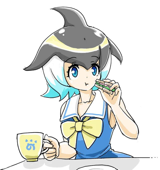 #みんなで描くけもフレ記念日絵#けものフレンズ今日は「ホットサンドを楽しむ日」、誕生花は「デルフィニウム」とのことでデルフィニウムはギリシア語のイルカDelphisが語源らしいので久々に絵チャで描いたホットサンドを食べてるマイルカちゃん 