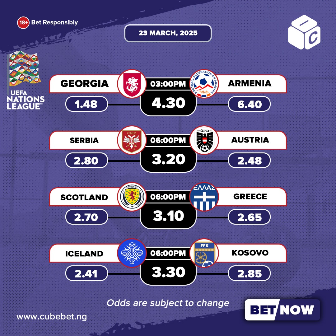 cubebetng's tweet photo. Bet with the biggest odds and best bonuses on today's game.
Tips.
โ
๐ข๐๐ฒ๐ฟ ๐ฎ.๐ฑ ๐๐ผ๐ฎ๐น๐โก๏ธ
โ
๐๐ผ๐๐ต ๐ง๐ฒ๐ฎ๐บ๐ ๐๐ผ ๐ฆ๐ฐ๐ผ๐ฟ๐ฒ โก๏ธ
Bet Now โก๏ธ https://t.co/9qGMD82nuG
#NationsLeague
#BetWithCubeBet
#WhereWinningWorks https://t.co/SxcYXutNKy
