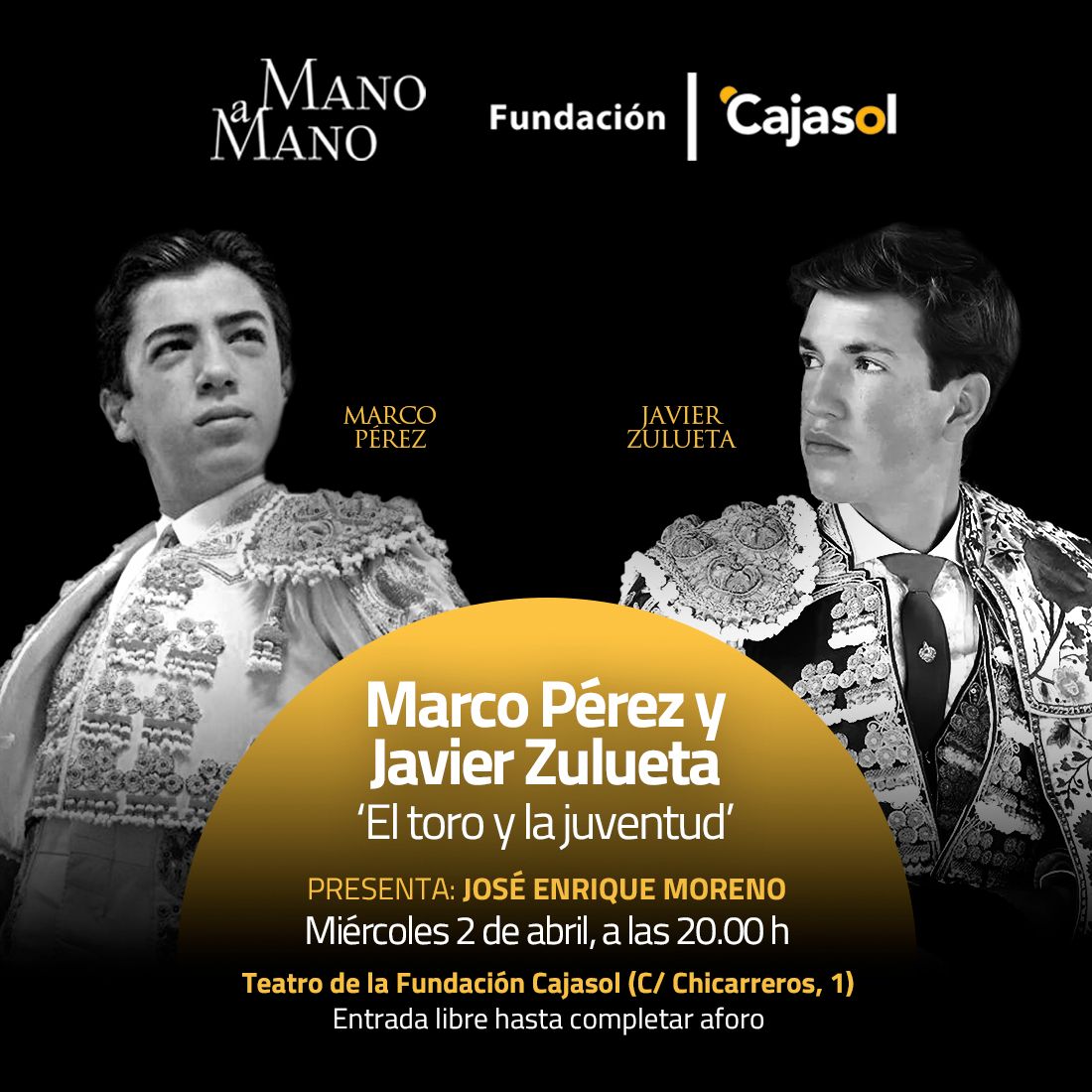 El 2 de abril a las 20.00 horas, el Teatro Cajasol acoge una nueva cita del ciclo 'Los Mano a mano'. En esta ocasión, los protagonistas serán dos de los novilleros con más proyección del momento: Marco Pérez y <a href="/JavierZuluetaM/">Javier Zulueta Muñoz</a>. 

Un encuentro conducido por <a href="/Toromedia12/">Toromedia</a> y