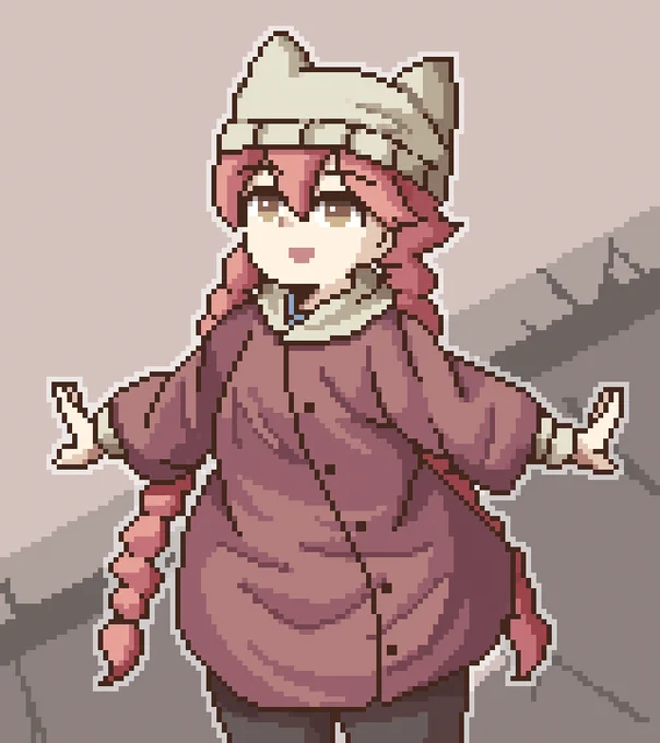 ヤチヨさん、キチっとした制服からの私服がネコミミニットなの普通に反則だが #まいにちドット絵 #アポカリプスホテル 