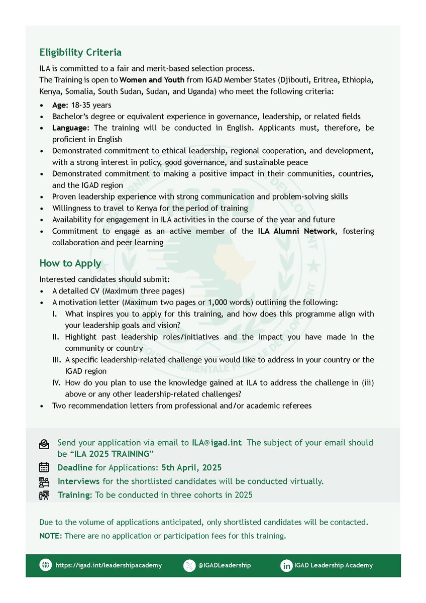 𝐂𝐀𝐋𝐋 𝐅𝐎𝐑 𝐀𝐏𝐏𝐋𝐈𝐂𝐀𝐓𝐈𝐎𝐍𝐒! 🚨

Are you an aspiring or emerging young leader in the IGAD region? This is your chance to sharpen your leadership skills, connect with top mentors, and join a network of changemakers!

Apply now for the ILA Leadership Training Programme