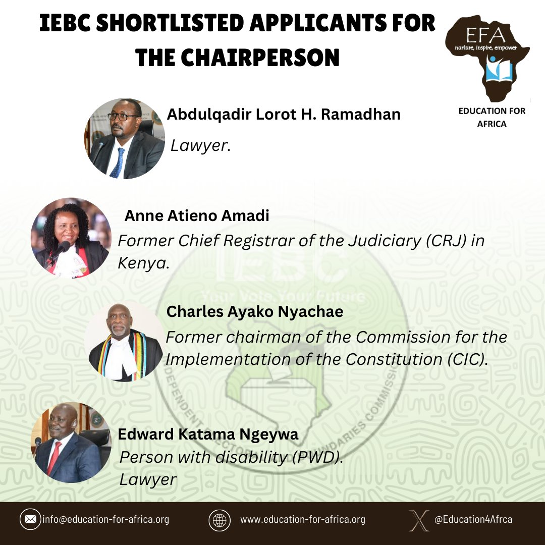 Education4Afrca's tweet photo. IEBC Chairperson interviews begin on 24th March 2025, as mandated by Article 88 of the Constitution and the Public Appointments Act. This transparent, merit-based process is essential to upholding free and fair elections in Kenya. 🗳🇰🇪
Check the thread for details!#IEBCInterviews https://t.co/Pf8outM2zO