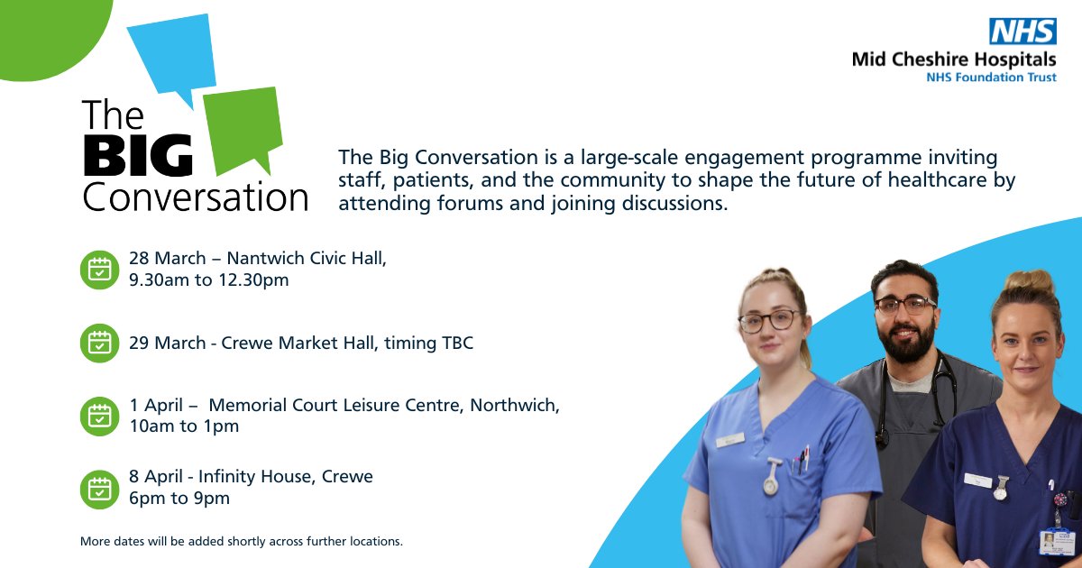 MidCheshireNHS's tweet photo. 👥 Join the Conversation! 

The first public forum for #BigConversation is happening soon: 
 📍 Nantwich Civic Hall 
 🗓 28 March 
 ⏰ 9:30am – 12:30pm 

Be part of the discussion that shapes your healthcare services. 🏥💬 

Check all upcoming forums 👉 https://t.co/LTZP45yG6D https://t.co/FZtcKKx4Qv