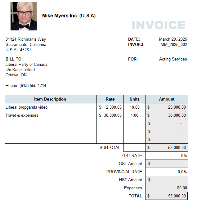 Martyupnorth's tweet image. Not exactly a "Buy Canadian" approach.

The Liberals hired an expat, living in the United Sates to star in their propaganda video.

The video probably costs Canadians taxpayers at least $100,000, including Mr. Myers' hefty fee. 

And because Mr. Myers lives in the U.S.A., he will…