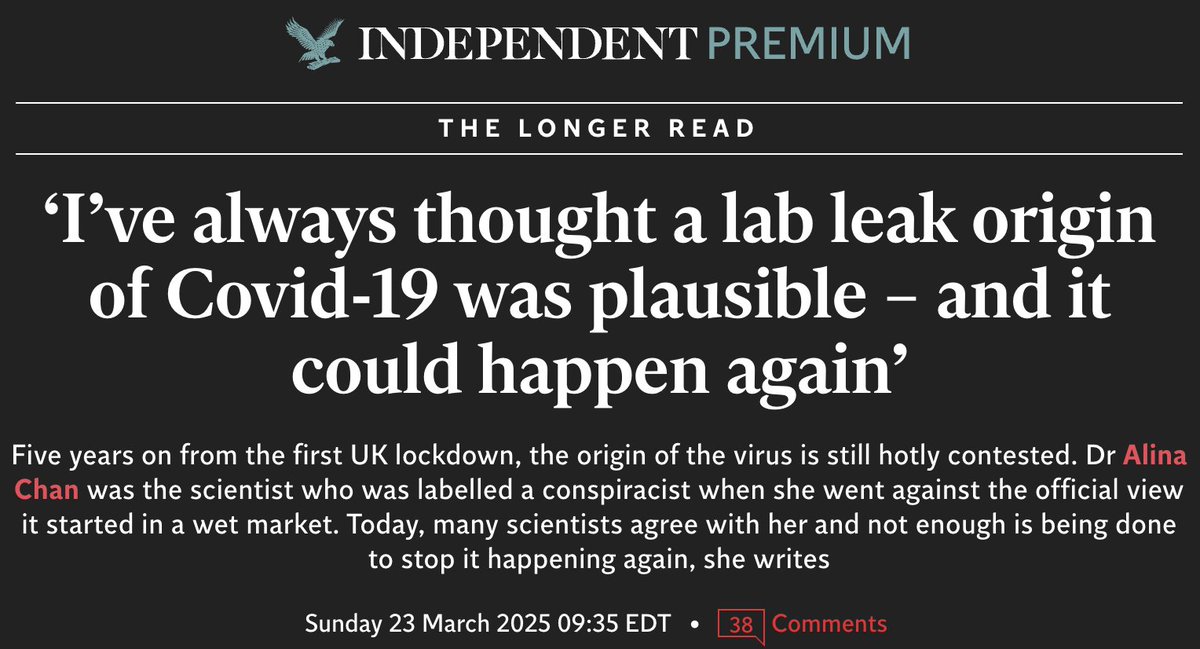 Alina Chan (@ayjchan) on Twitter photo My piece in the <a href="/Independent/">The Independent</a>
"Leading members of the scientific community were advocates and funders of risky pathogen research for many years. Asking them to acknowledge that Covid likely resulted from a laboratory accident in Wuhan is tantamount to demanding a confession that My piece in the <a href="/Independent/">The Independent</a>
"Leading members of the scientific community were advocates and funders of risky pathogen research for many years. Asking them to acknowledge that Covid likely resulted from a laboratory accident in Wuhan is tantamount to demanding a confession that