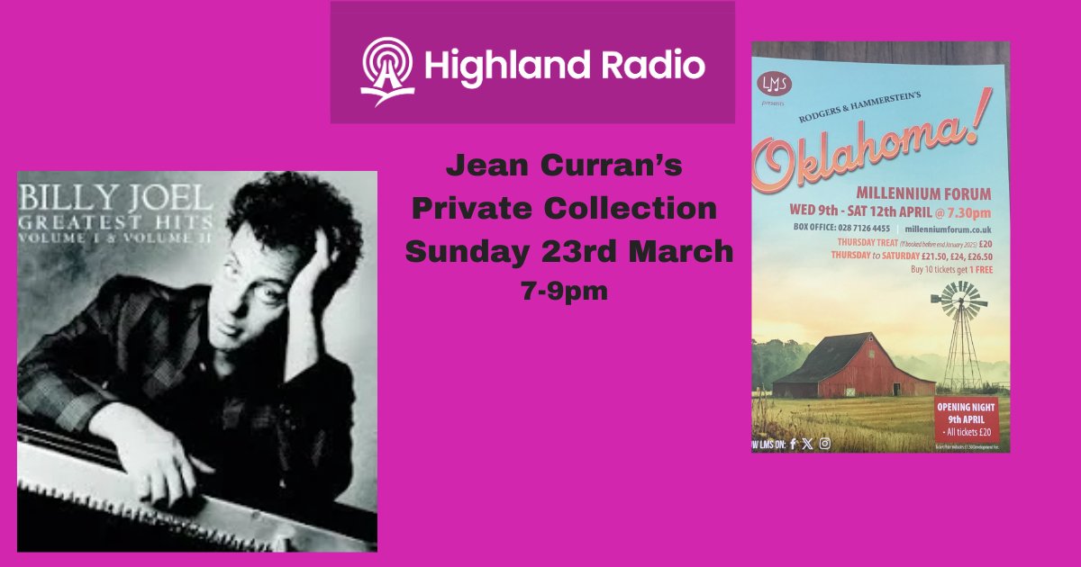 jeancurran3's tweet image. Four tracks from Billy tonight plus the usual music mix. Guests tonight from the cast of @lderrymusicsoc Oklahoma who take to the stage in @MillenniumForum next month, circa 7.30pm. Text/WhatsApp 0866025000, email jeancurran@highlandradio.com and online hghlandradio.com