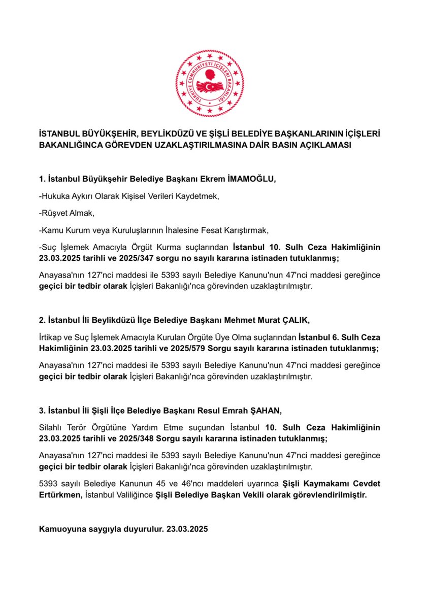 TC_icisleri's tweet photo. İstanbul Büyükşehir, Beylikdüzü ve Şişli Belediye Başkanlarının İçişleri Bakanlığınca Görevden Uzaklaştırılmasına Dair Basın Açıklaması: https://t.co/qrJSqqywkt
