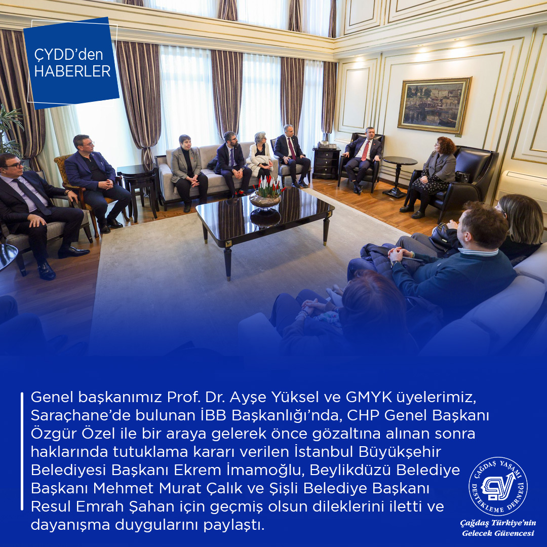 Genel Başkanımız Prof. Dr. Ayşe Yüksel ve GMYK üyelerimiz, Saraçhane’de bulunan İBB Başkanlığı’nda, CHP Genel Başkanı Özgür Özel ile bir araya gelerek önce gözaltına alınan sonra haklarında tutuklama kararı verilen İstanbul Büyükşehir Belediyesi Başkanı Ekrem İmamoğlu, Beylikdüzü