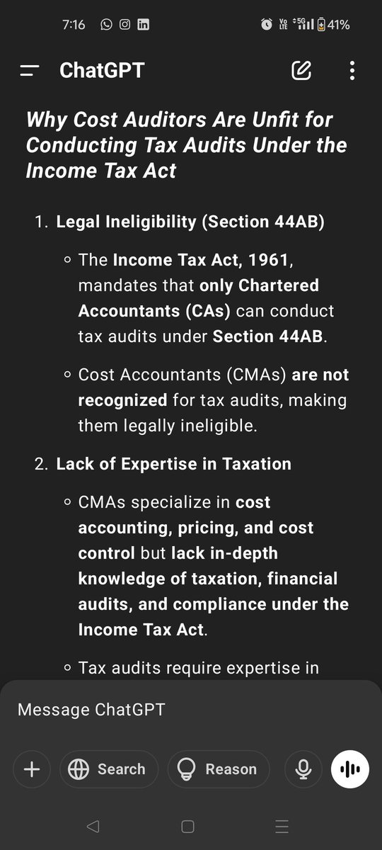 HR2545's tweet image. @UpdatesOfCMA members of  @ICMAICMA are unfit and useless for conducting the Tax audit under the Income-tax Act as per ChatGPT for the following reasons #TaxAudit #TAXAUDITFORCSCMA
