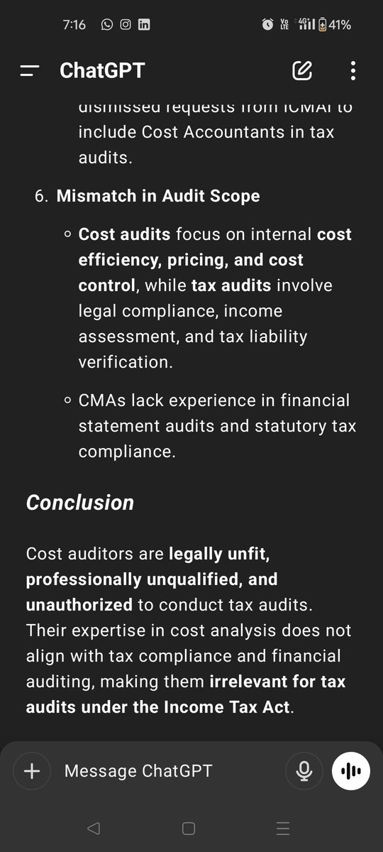 HR2545's tweet image. @UpdatesOfCMA members of  @ICMAICMA are unfit and useless for conducting the Tax audit under the Income-tax Act as per ChatGPT for the following reasons #TaxAudit #TAXAUDITFORCSCMA 

FYI @FinMinIndia @IncomeTaxIndia @theicai @ICMAICMA @icsi_cs @nsitharamanoffc @PMOIndia
