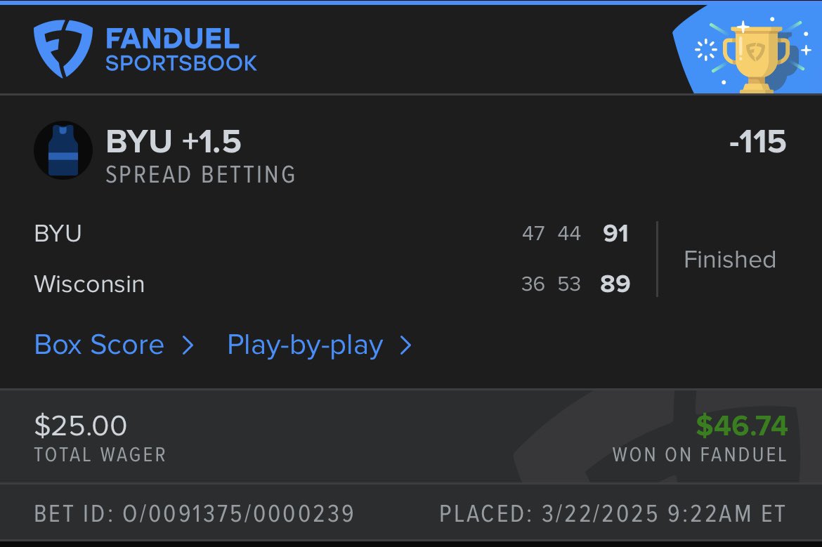 Another cash
BYU +1.5 ✅

Final: 91-89
$25 ➝ $46.74
They didn’t just cover — they won outright.

Let’s keep it rolling

Subscribe now — limited spots left!