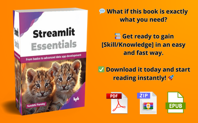 DigitalReadsX's tweet photo. 📚 What if YOU set the price? 🎉
I’m offering book  Streamlit Essentialsby Surabhi Pandey (Author) in PDF format at a flexible price! 💰✅
#streamlit, #essentials, #basics, #advanced, #data, #app, #development, #english, #edition, #surabhi, #pandey, #books, #pdf, #digital, #ebook https://t.co/zHdzwvOjA9