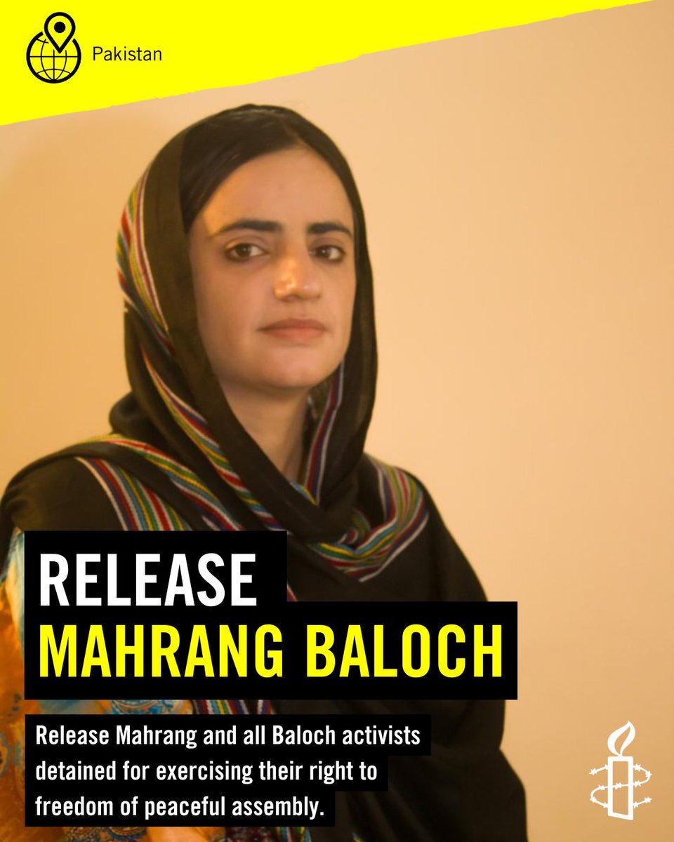 amnestysasia's tweet image. PAKISTAN: More than 38 hours since Mahrang Baloch's unlawful detention, she is still being denied access to her lawyers and family. There are also worrying reports of continued arbitrary arrests and detentions across Balochistan province.
Pakistani authorities must immediately…