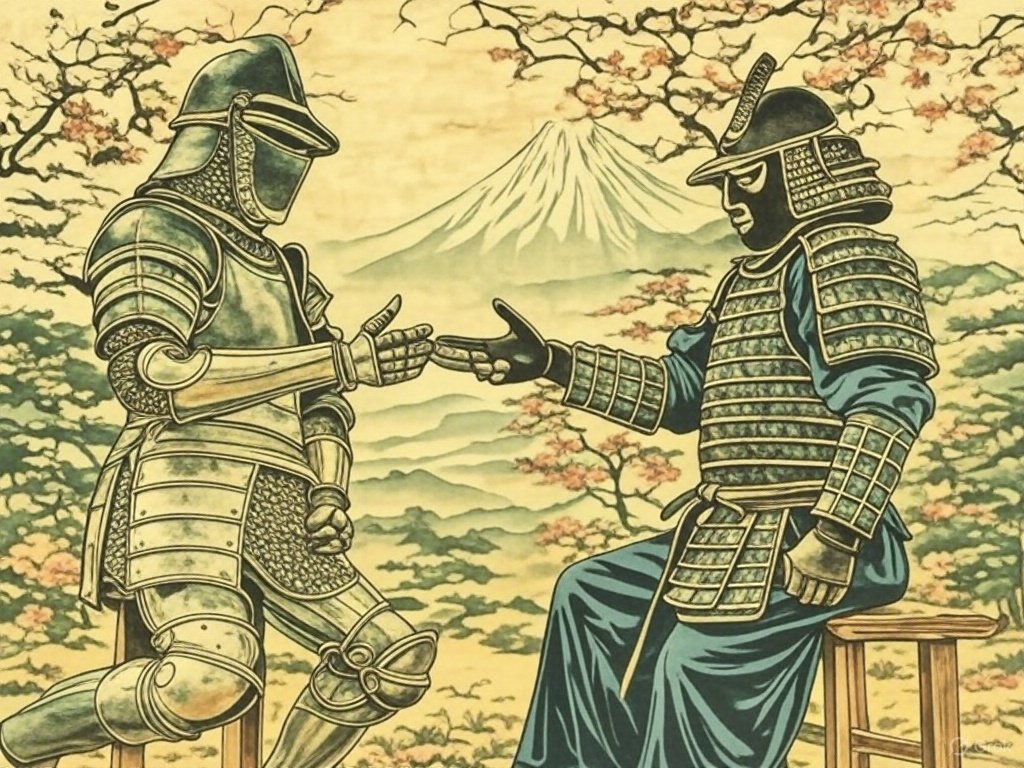 Lahire99's tweet image. I have decided to use #Grok for the first time to generate an image. 🤖

I thought about a French knight from medieval times meeting a Japanese samurai, talking about peace, in a Japanese print style. 🇫🇷🤝🇯🇵🗻🌸