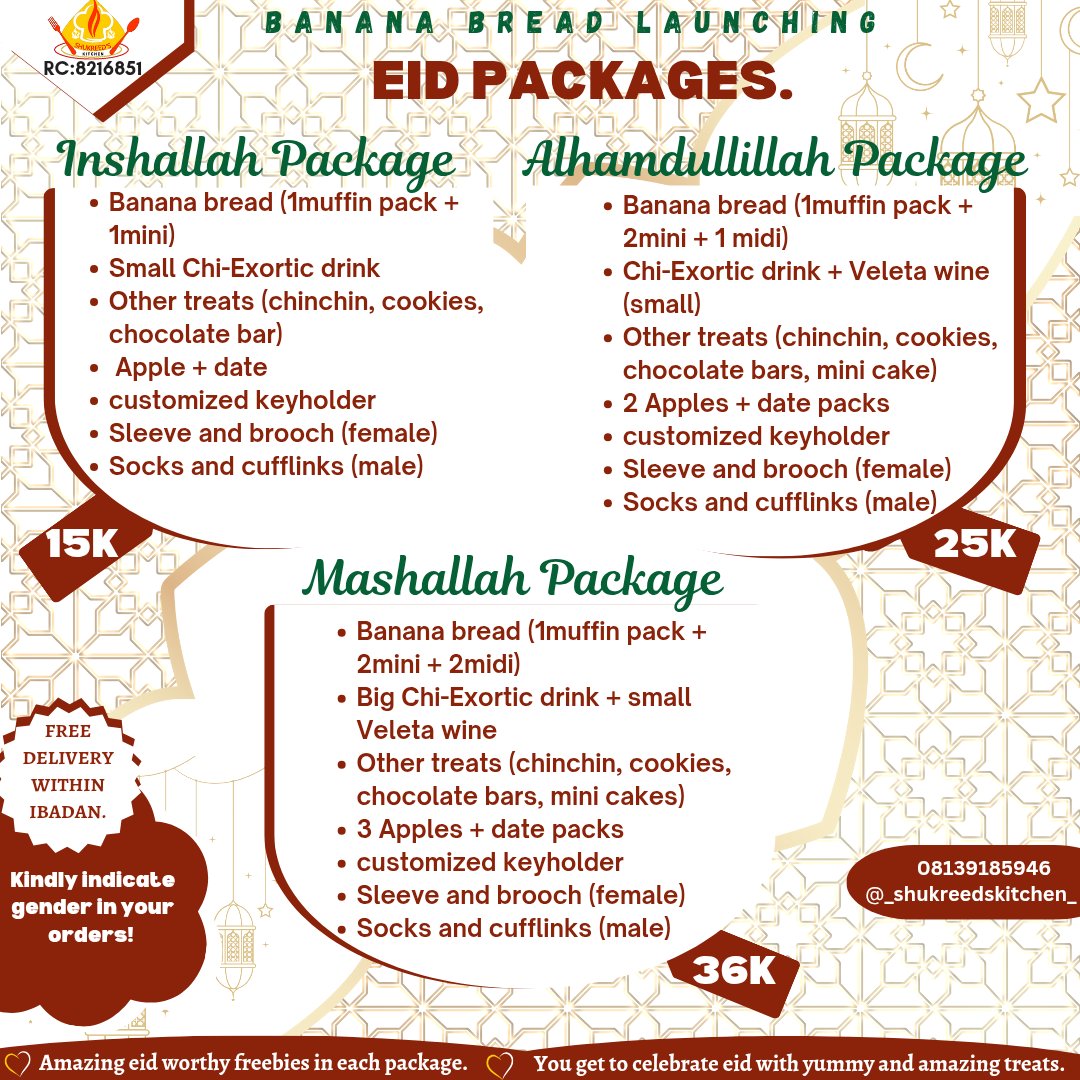 shukreedkitchen's tweet photo. This is THE Perfect Eid Gift! 🎁

❌ Basic gifts  
✅ **Banana bread + yummy treats + a custom keyholder!**  

💰 *₦15,000 - ₦36,000*
🎉 *Perfect for gifting yourself or a loved one!*

📩 DM “EID TREAT” to order NOW before it’s sold out!  
https://t.co/e0VtHlt25y

#EidGifts https://t.co/y7TkNKhgSy
