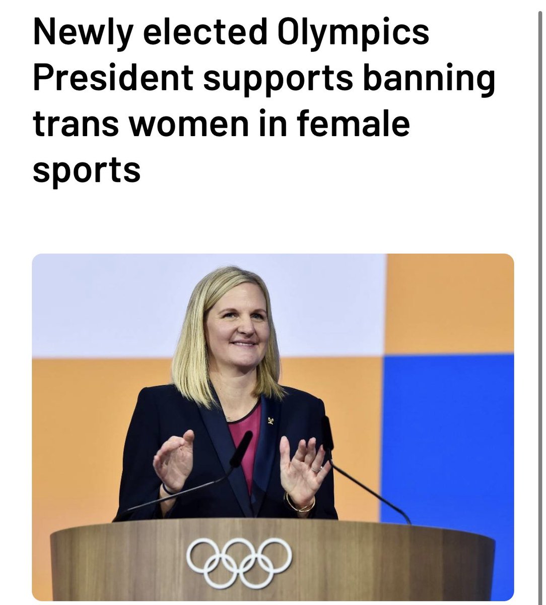 Encouraging news from new head of the IOC, Kirsty Coventry. 

Protecting women’s sports means banning all males, those who are “trans” and those with DSDs.
<a href="/iocmedia/">IOC MEDIA</a>