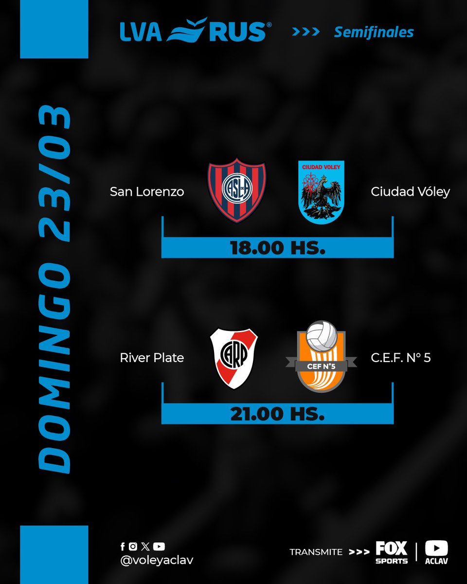 HOY ARRANCAN LAS SEMIFINALES ⚔️🔥

Hoy en el Microestadio River Plate, CASLA espera a Ciudad Vóley para abrir la serie a las 18:00 🕕. Luego, a las 21:00, River Plate recibe a CEF5 de La Rioja en el primer cruce 💥

📍 Primera serie al mejor de 3 partidos 
💰 Entrada: $3.000 🚪