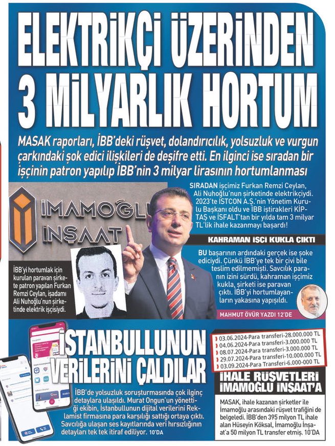 MASAK raporunda yer alan iddiaya göre, İBB'ye bağlı iştirakler üzerinden tam 3 milyar TL'lik bir yolsuzluk ağı kurulmuş. Ağın merkezinde ise sıradan bir işçinin "kurduğu" paravan bir şirket var.
Sözünü ettiğimiz sıradan işçi Furkan  Remzi Ceylan. 2023 yılına kadar AliNuhoğlu'nun