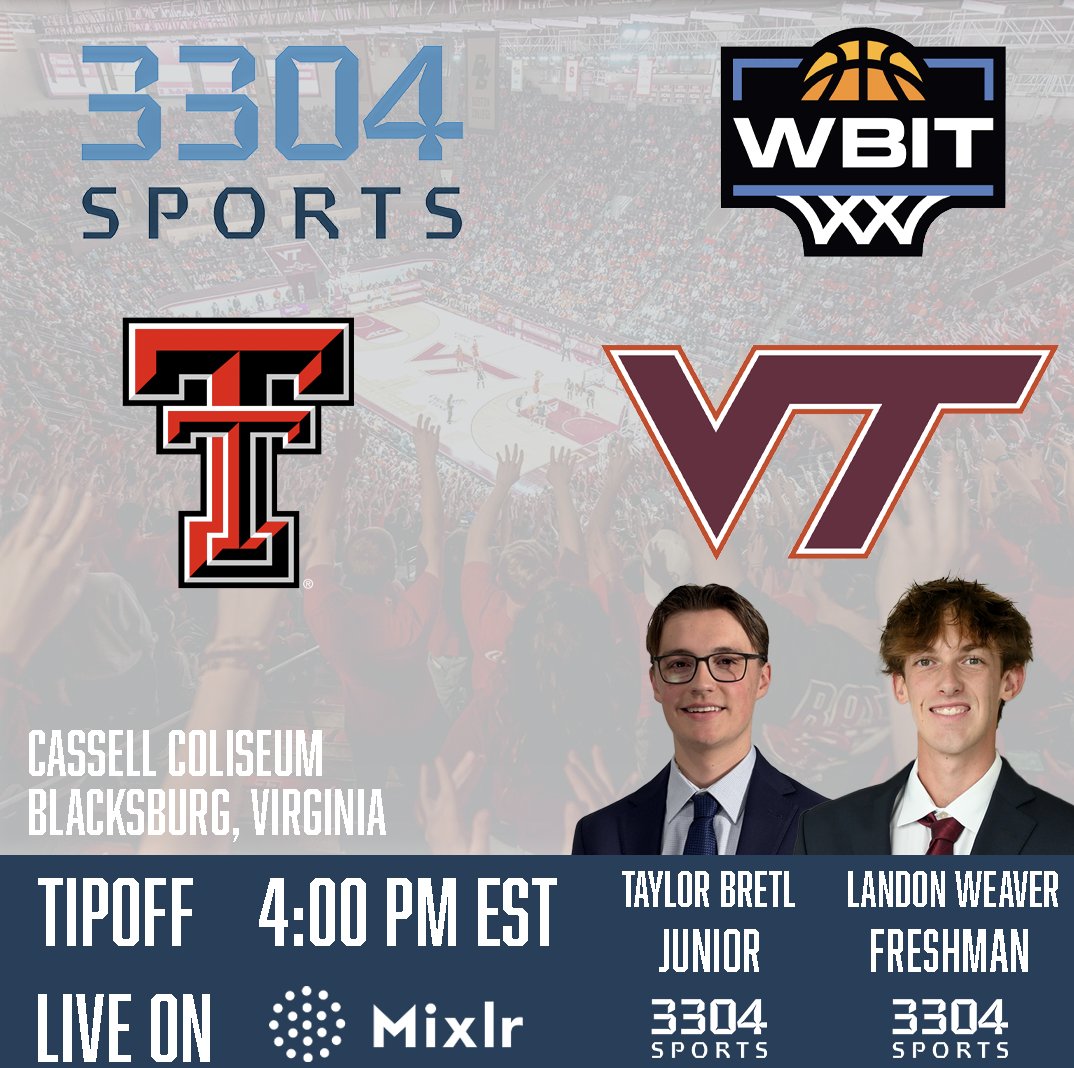 3304 Sports (@3304sports) on Twitter photo π <a href="/HokiesWBB/">Virginia Tech Women's Basketball</a> π <a href="/LadyRaiderWBB/">Lady Raider Basketball</a>
π Blacksburg, VA
π Tipoff - 4:00 PM EST
ποΈOn the call
<a href="/landonweaverr/">Landon Weaver</a>
<a href="/TaylorBretl/">Taylor Bretl</a>
π» Listen live on Mixlr
3304sports.mixlr.com/events/4149156 π <a href="/HokiesWBB/">Virginia Tech Women's Basketball</a> π <a href="/LadyRaiderWBB/">Lady Raider Basketball</a>
π Blacksburg, VA
π Tipoff - 4:00 PM EST
ποΈOn the call
<a href="/landonweaverr/">Landon Weaver</a>
<a href="/TaylorBretl/">Taylor Bretl</a>
π» Listen live on Mixlr
3304sports.mixlr.com/events/4149156
