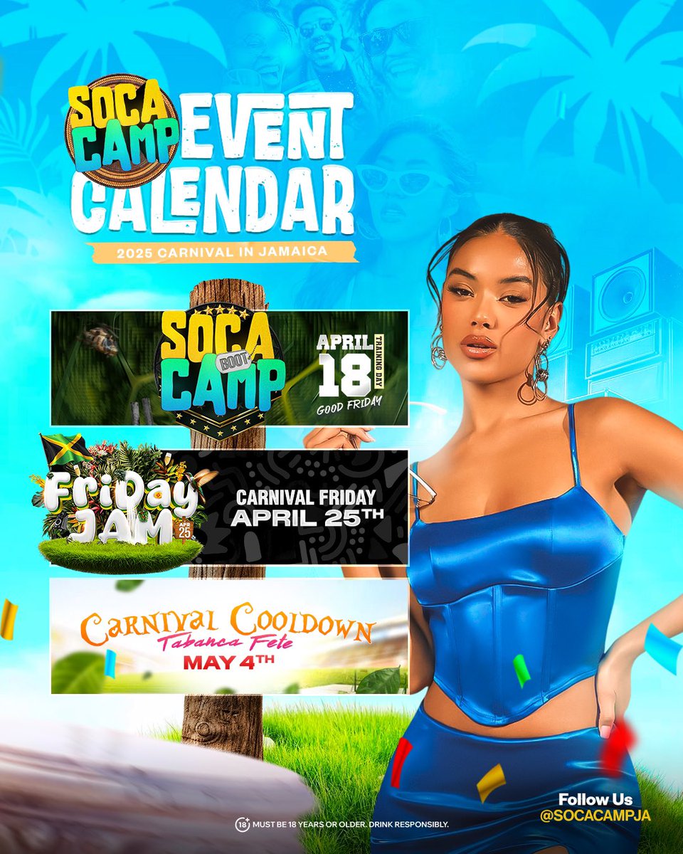 Matt_Camps's tweet image. The Soca Camp Calendar for Carnival In Jamaica 2025! 🇯🇲

Carnival Cooldown is back and we partnering with GenX &amp;amp; Live in Love intl to bring you Friday Jam on Carnival Friday!