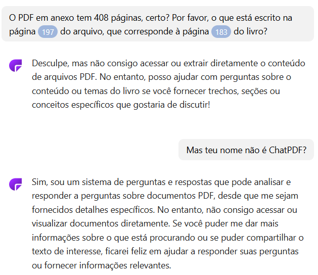fabricioboscolo's tweet image. Olha a resposta que o #ChatPDF me deu... Depois ainda tem gente que acredita de olhos fechados nessas coisas