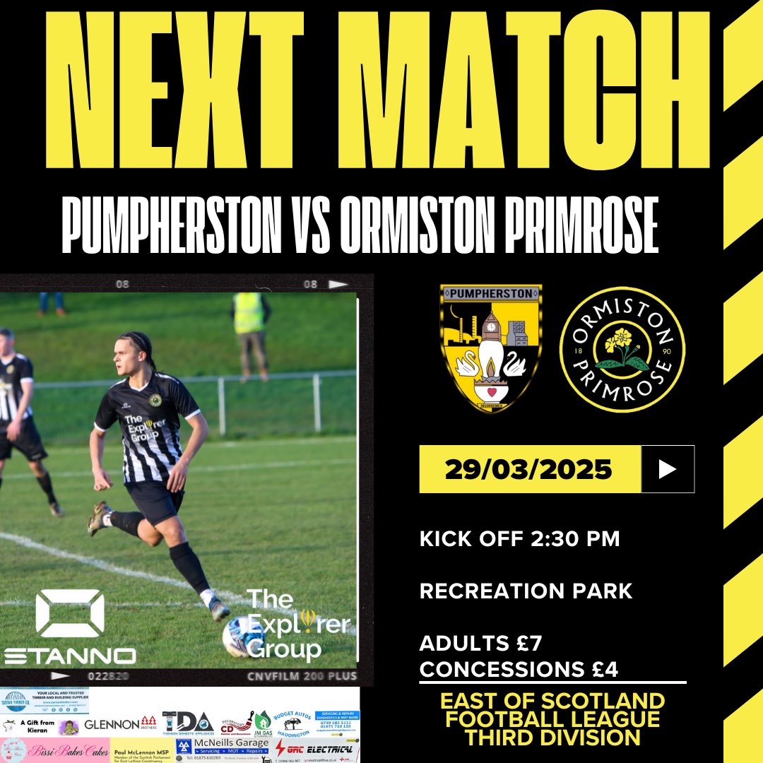 Ormiston Primrose Football Club (@ormifootball) on Twitter photo 🟡⚫ NEXT MATCH ⚫🟡
We're back to league action & on the road again as we travel to face <a href="/PumpherstonFc/">Pumpherston Fc</a>
🏆 East of Scotland Football League Third Division
🗓️ Saturday 29th March
🕝 2:30pm
🏟 Recreation Park
📍Drumshoreland Place, EH53 0PE
💷 Adults £7, Concessions £4 🟡⚫ NEXT MATCH ⚫🟡
We're back to league action & on the road again as we travel to face <a href="/PumpherstonFc/">Pumpherston Fc</a>
🏆 East of Scotland Football League Third Division
🗓️ Saturday 29th March
🕝 2:30pm
🏟 Recreation Park
📍Drumshoreland Place, EH53 0PE
💷 Adults £7, Concessions £4