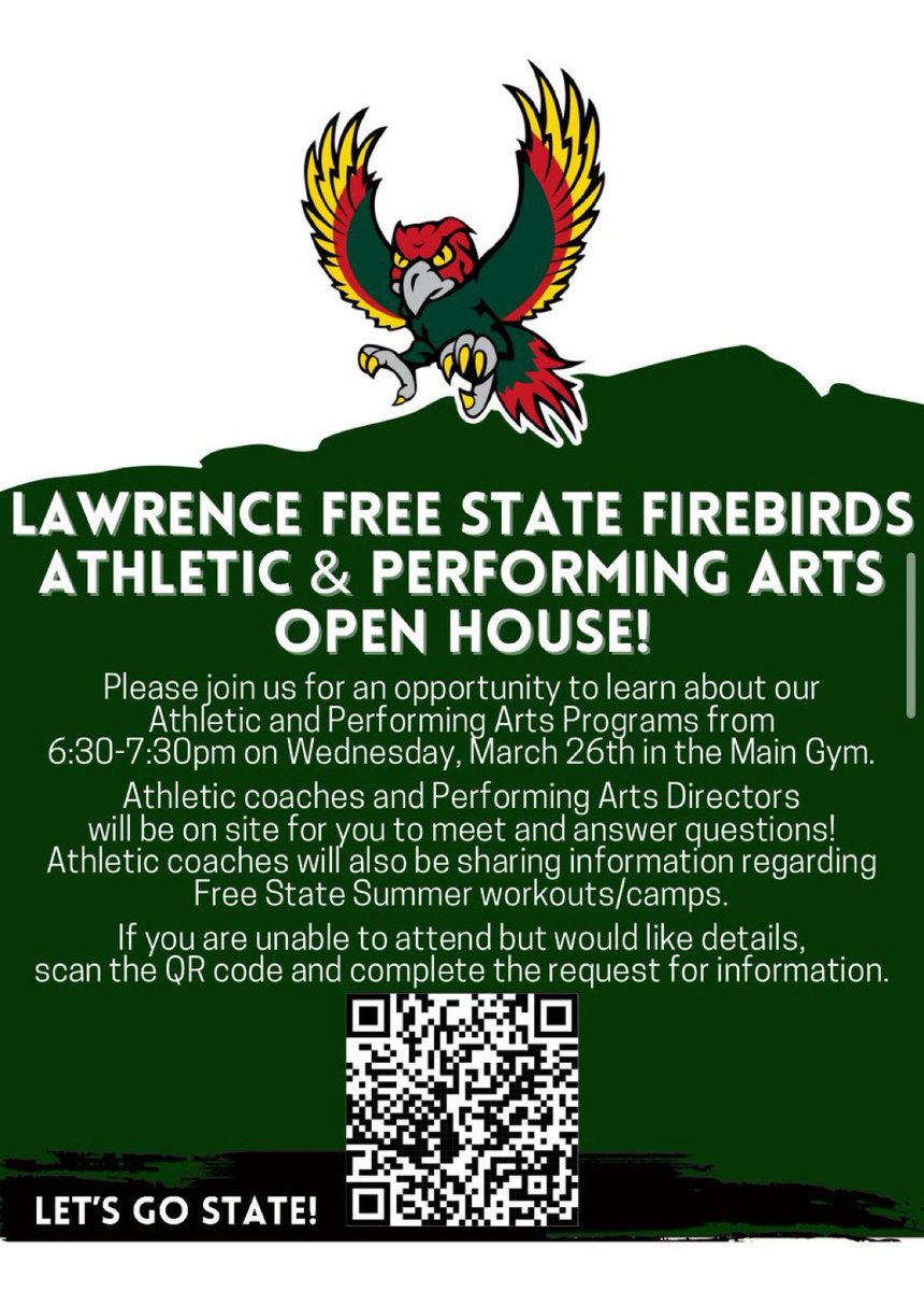 We can’t wait to see everyone Wednesday evening! 
⏰ 6:30-7:30pm
📍 Free State main gym