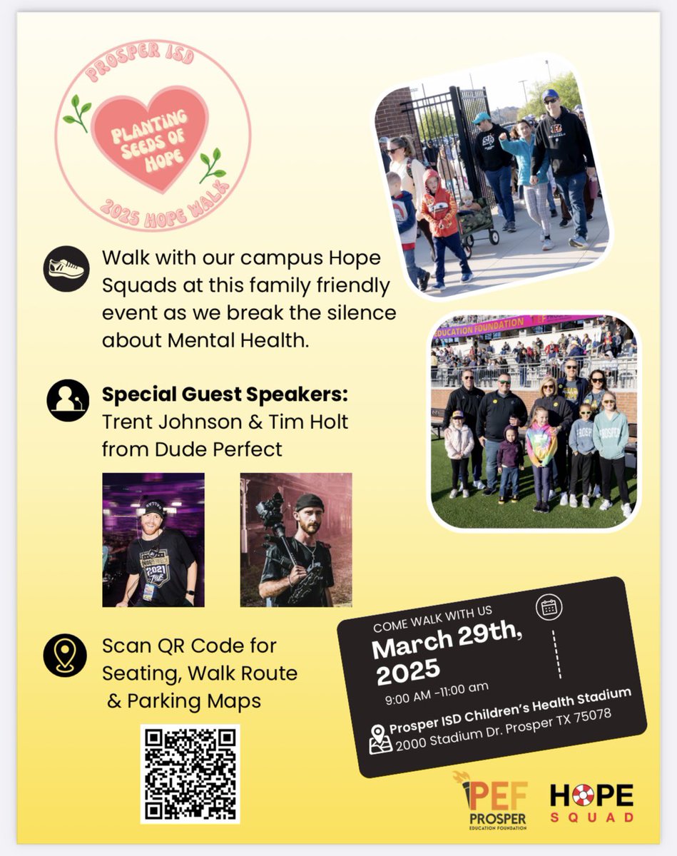 Next week, March 24-28, is Prosper ISD Hope Week, leading up to the Annual Hope Walk on March 29 at Children’s Health Stadium! We’ll spread kindness, hope, and highlight mental health—all while enjoying fun dress-up themes! <a href="/ProsperHaysMS/">Hays Middle School</a> <a href="/ProsperISD/">Prosper ISD</a> <a href="/HopeSquads/">Hope Squad</a>