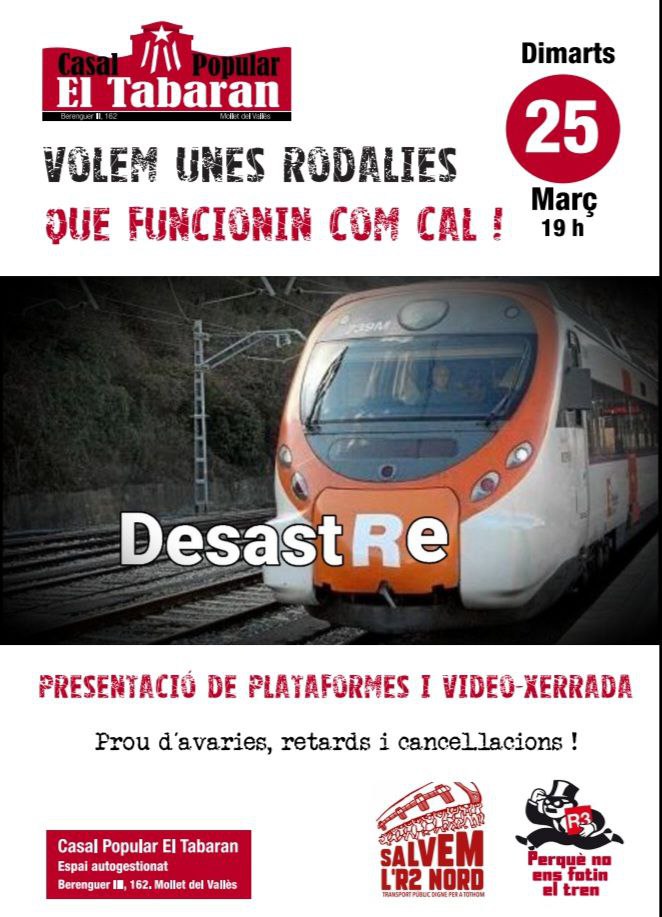 📢 Volem un servei de rodalies digne i que funcioni com cal !
🗓 Aquest dimarts #25M a les 19h al <a href="/CPTabaran/">Casal P.El Tabaran🎗</a> de #Mollet.
🎯 Presentació de les Plataformes en Defensa de Rodalies i video-xerrada.
🎯Plantem cara a aquest desastre !
💥Recuperem les nostres vides! ✊