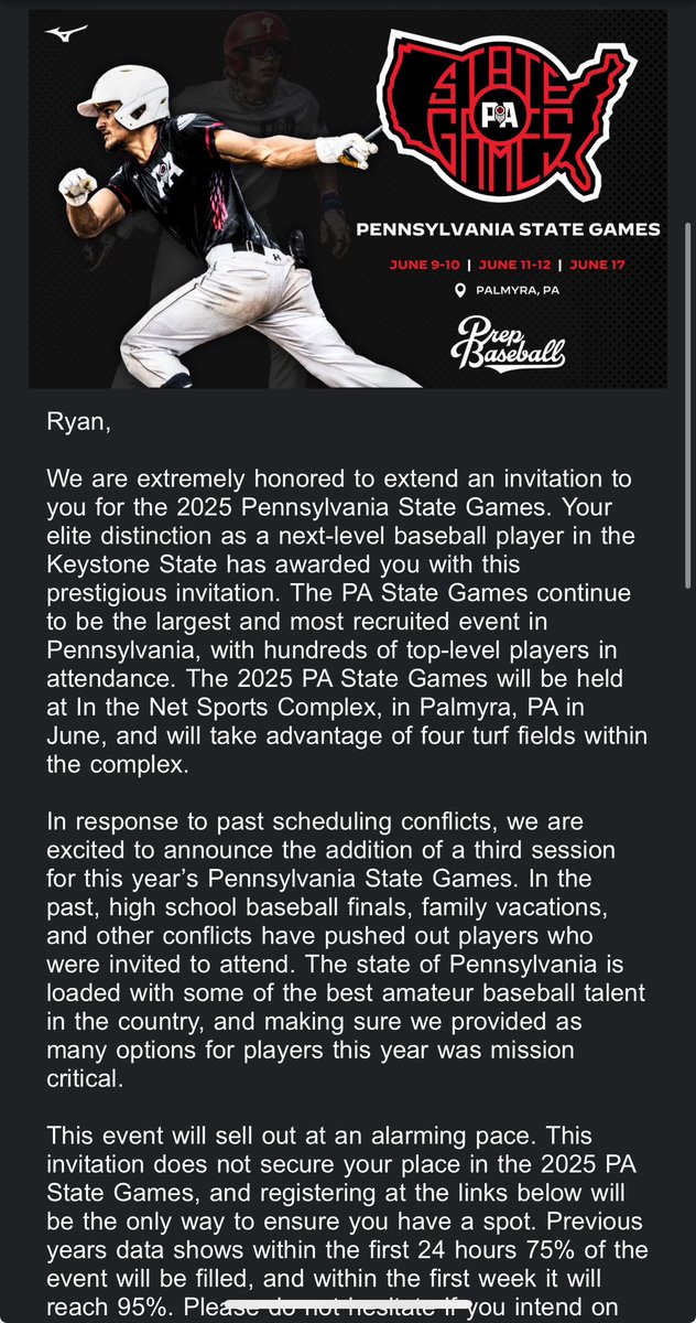 Thank you <a href="/PrepBaseballPA/">Prep Baseball Pennsylvania</a> for the invitation to the 2025 PA State Games! I will be attending the first session on June 9-10. Also, thank you <a href="/NEPridebaseball/">NEPridebaseball</a> for all the opportunities this program has been offering. Hard work paying off! 💪🏼💪🏼

<a href="/DanCevette/">Dan Cevette</a>