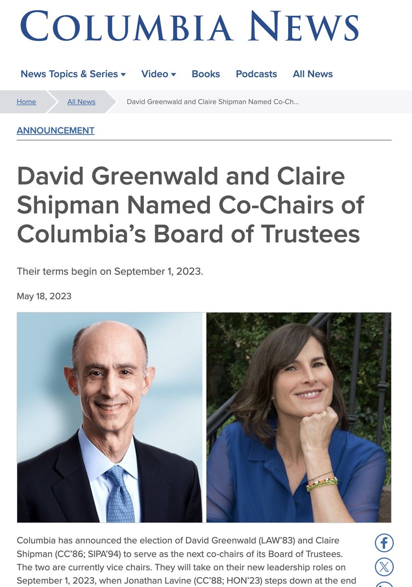 patsycollins16's tweet photo. The 2 co-chairs at @Columbia, both Jews (since 2023)
have stayed silent while Jewish students are threatened, isolated, silenced, violated, &amp; assaulted since 2023.
If David Greenwald '83 &amp; @ClaireShipman '86 are afraid, they should step aside &amp; let others lead

@GOP @TheDemocrats https://t.co/OAUjqLYYQO