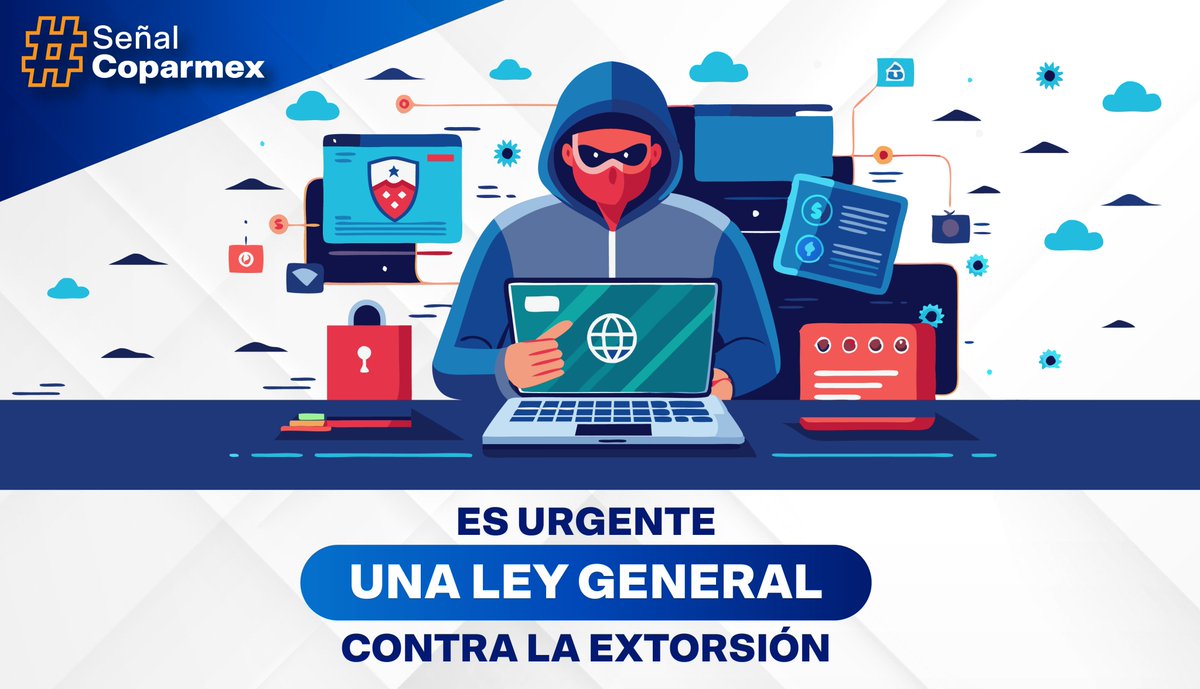 Coparmex's tweet photo. 📢 ¿Cómo frenar la extorsión y proteger a empresas y ciudadanos? 👮‍♀️👮

📌 Desde #Coparmex impulsamos una Ley General de Extorsión que garantice justicia, coordinación entre autoridades y sanciones efectivas.

🚨 Según datos del @INEGI_INFORMA, el 96.7% de las víctimas de extorsión no denuncia. 
💰 Este delito cuesta miles de millones de pesos al año y frena el crecimiento económico de México. 

🔎 Conoce nuestra propuesta en la #SeñalCoparmex https://t.co/WgfkEdwILL