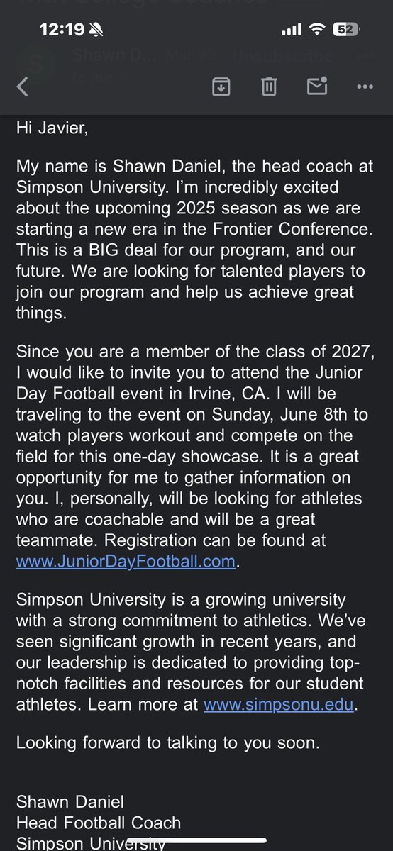 Javier Jauregui (@javijauregui_) on Twitter photo Thanks for the Junior Day camp invite <a href="/CoachSDD/">Shawn Daniel</a> <a href="/SimpsonU_FB/">Simpson U Football</a>! Extremely grateful for the opportunity to showcase my skills this summer.
<a href="/EtiwandaFB/">Etiwanda High Football</a> <a href="/EHigh_Athletics/">EtiwandaAthletics</a> <a href="/Pcoachdub1/">Coach Phil Wash</a> <a href="/gilesguyy/">Coach Giles</a> Thanks for the Junior Day camp invite <a href="/CoachSDD/">Shawn Daniel</a> <a href="/SimpsonU_FB/">Simpson U Football</a>! Extremely grateful for the opportunity to showcase my skills this summer.
<a href="/EtiwandaFB/">Etiwanda High Football</a> <a href="/EHigh_Athletics/">EtiwandaAthletics</a> <a href="/Pcoachdub1/">Coach Phil Wash</a> <a href="/gilesguyy/">Coach Giles</a>