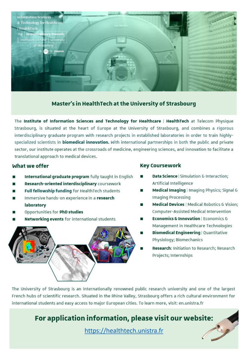🎓 Scholarship Alert! The #Msc in Information Sciences &amp; Technology for Healthcare at the <a href="/unistra/">-</a> is now open! A fully funded 2-year program covering AI, medical imaging, biomechanics &amp; Innovation.
Apply: shorturl.at/RTS8O

#BlackInMaths #Scholarships #BMA