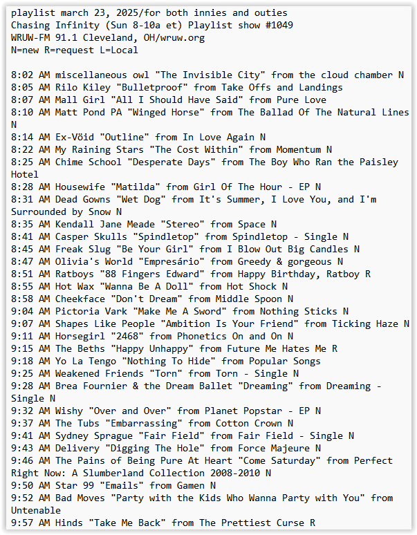 my <a href="/WRUW/">WRUW-FM 91.1</a> playlist this am ft <a href="/mattpondpamusic/">Matt Pond PA</a> <a href="/ExVoyd/">Ex-Vöid</a> <a href="/ChimeSchool/">Chime School</a> <a href="/voila_deadgowns/">Dead Gowns</a> <a href="/KJMascott/">Kendall Jane Meade</a> <a href="/FreakSlug/">Freak Slug</a> <a href="/lica_rezende/">olivia’s world</a> <a href="/Ratboysband/">Ratboys</a> <a href="/hotwaxbandd/">HotWax</a> <a href="/cheekfaceREAL/">america's local band cheekface</a> <a href="/pictoriavark/">pictoria vark</a> <a href="/musichorsegirl/">Horsegirl</a> <a href="/wishy_music_777/">Wishy</a> <a href="/sydneysprague/">Sydney Sprague</a> <a href="/dimwizzy/">Dim Wizard</a> + more