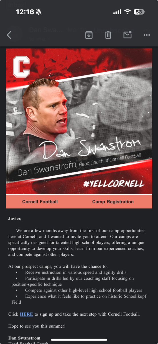 Javier Jauregui (@javijauregui_) on Twitter photo Extremely thankful to <a href="/DanSwanstrom/">Dan Swanstrom</a> for a camp invite to Cornell University this summer!
<a href="/BigRed_Football/">Cornell Football</a> <a href="/CornellSports/">Cornell Big Red</a>
<a href="/EtiwandaFB/">Etiwanda High Football</a> <a href="/EHigh_Athletics/">EtiwandaAthletics</a> <a href="/Pcoachdub1/">Coach Phil Wash</a> <a href="/gilesguyy/">Coach Giles</a> Extremely thankful to <a href="/DanSwanstrom/">Dan Swanstrom</a> for a camp invite to Cornell University this summer!
<a href="/BigRed_Football/">Cornell Football</a> <a href="/CornellSports/">Cornell Big Red</a>
<a href="/EtiwandaFB/">Etiwanda High Football</a> <a href="/EHigh_Athletics/">EtiwandaAthletics</a> <a href="/Pcoachdub1/">Coach Phil Wash</a> <a href="/gilesguyy/">Coach Giles</a>