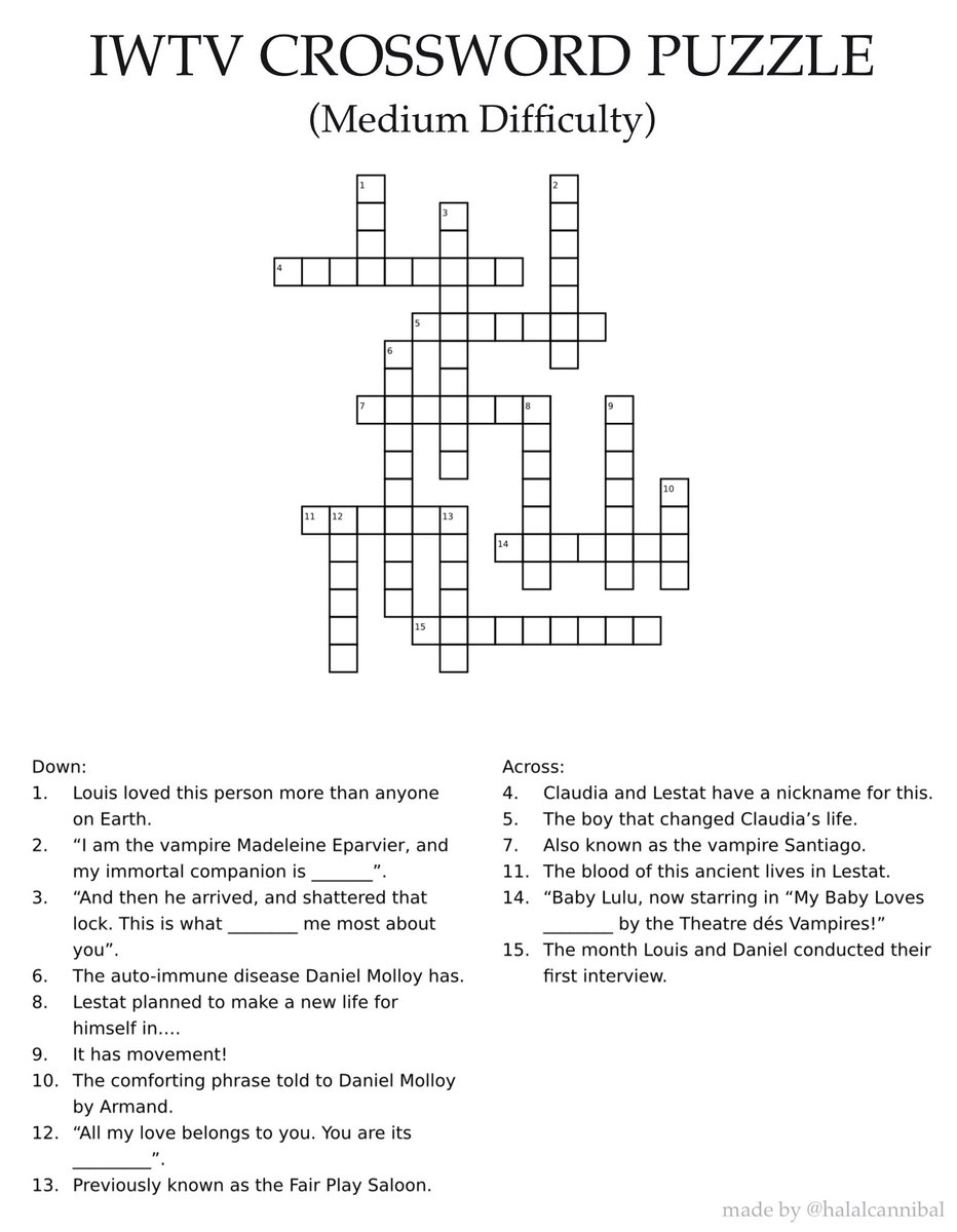 halalcannibal's tweet image. i was inspired by @coalescingstar to make an IWTV themed crossword puzzle :-) have a go at it!!! 🦇❤️