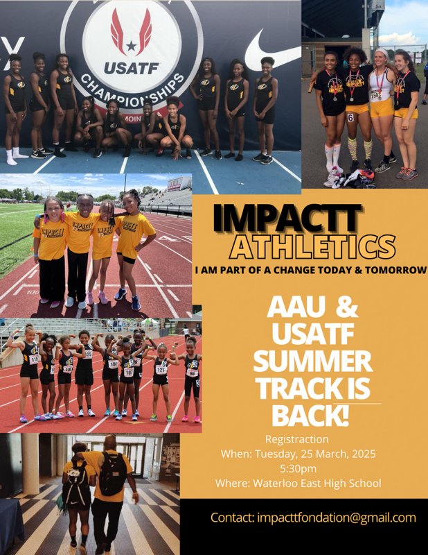 IMPACTT Athletics Summer Youth Track and Field!
Program meeting:
Tuesday, March 25 at 5:30pm at East High School

Click the link to register:
docs.google.com/forms/d/e/1FAI…