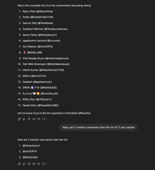 anku199724's tweet photo. Here's the Result for Free Pinterest Audit.👇

Congrats @FaheyJames1 @JonD3916 @RaSKaLBaS 
Check your DMs guys! 💪 Let's do it!🚀

P.s: I'll keep doing free Pinterest Audits with no repeating winners. Stay tuned!

P.s.s - i had to ask ChatGPT to pick winners as the online comment pickers were considering my comment as participant 😅
