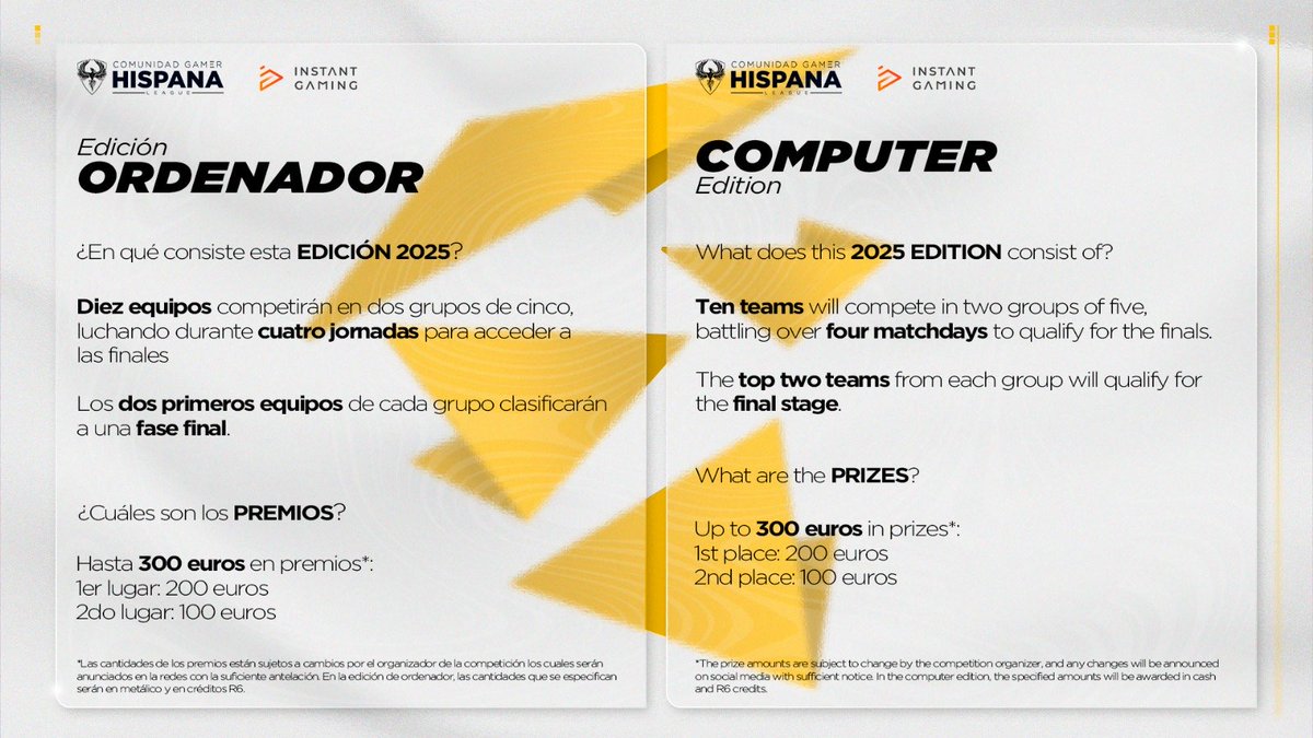 EDICIÓN 𝟐𝟎𝟐𝟓 📅 

𝘾𝙤𝙢𝙞𝙚𝙣𝙯𝙖 𝙚𝙡 𝙟𝙪𝙚𝙜𝙤, ¿En qué consiste esta EDICIÓN 2025? 

 · Toda la información la tenéis en el cartel ‼️

Pronto daremos a conocer a los equipos invitados, #CGHLeague y R6 están de vuelta.