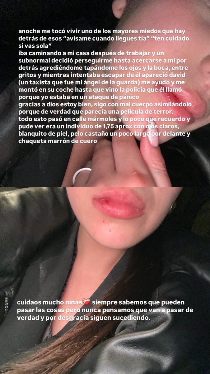 el viernes por la noche me pasó esto en málaga, lo comparto para que nunca dejemos de andar solas con precaución porque el miedo siempre está. estas desgracias siguen pasando, gracias a todxs por el apoyo q me habéis dado y cuidado por favor, ojalá ser la última a la q le pasa💜