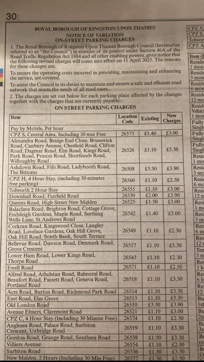 The sneaky street car parking charges Kingston's LibDems kept quiet when forcing through their budget, now revealed. Increases from £1.10 per hour to £3.30 per hour, and higher. At the same time as a maximum Council Tax increase. Further parking increases to be announced soon...